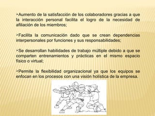 Aumento de la satisfacción de los colaboradores gracias a que
la interacción personal facilita el logro de la necesidad de
afiliación de los miembros;
Facilita la comunicación dado que se crean dependencias
interpersonales por funciones y sus responsabilidades;
Se desarrollan habilidades de trabajo múltiple debido a que se
comparten entrenamientos y prácticas en el mismo espacio
físico o virtual;
Permite la flexibilidad organizacional ya que los equipos se
enfocan en los procesos con una visión holística de la empresa.
 