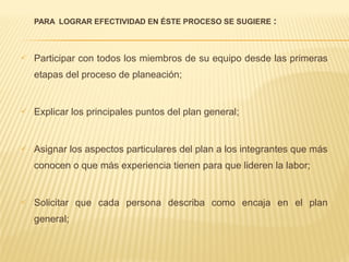 PARA LOGRAR EFECTIVIDAD EN ÉSTE PROCESO SE SUGIERE :
 Participar con todos los miembros de su equipo desde las primeras
etapas del proceso de planeación;
 Explicar los principales puntos del plan general;
 Asignar los aspectos particulares del plan a los integrantes que más
conocen o que más experiencia tienen para que lideren la labor;
 Solicitar que cada persona describa como encaja en el plan
general;
 