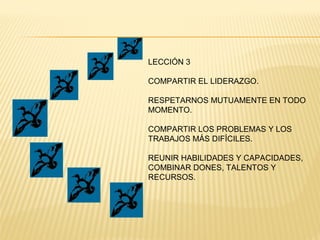 LECCIÓN 3
COMPARTIR EL LIDERAZGO.
RESPETARNOS MUTUAMENTE EN TODO
MOMENTO.
COMPARTIR LOS PROBLEMAS Y LOS
TRABAJOS MÁS DIFÍCILES.
REUNIR HABILIDADES Y CAPACIDADES,
COMBINAR DONES, TALENTOS Y
RECURSOS.
 