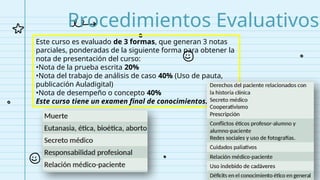 Este curso es evaluado de 3 formas, que generan 3 notas
parciales, ponderadas de la siguiente forma para obtener la
nota de presentación del curso:
•Nota de la prueba escrita 20%
•Nota del trabajo de análisis de caso 40% (Uso de pauta,
publicación Auladigital)
•Nota de desempeño o concepto 40%
Este curso tiene un examen final de conocimientos.
Procedimientos Evaluativos
 