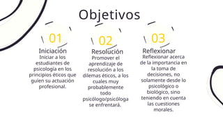 Objetivos
01 02 03
Reflexionar acerca
de la importancia en
la toma de
decisiones, no
solamente desde lo
psicológico o
biológico, sino
teniendo en cuenta
las cuestiones
morales.
Reflexionar
Promover el
aprendizaje de
resolución a los
dilemas éticos, a los
cuales muy
probablemente
todo
psicólogo/psicóloga
se enfrentará.
Resolución
Iniciar a los
estudiantes de
psicología en los
principios éticos que
guíen su actuación
profesional.
Iniciación
 