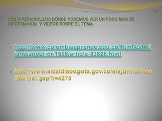 18LOS HIPERVINCULOS DONDE PODEMOS VER UN POCO MAS DE INFORMACION  Y VIDEOS SOBRE EL TEMA http://www.colombiaaprende.edu.co/html/estudiantesuperior/1608/article-83826.htmlhttp://www.alcaldiabogota.gov.co/sisjur/normas/Norma1.jsp?i=4275