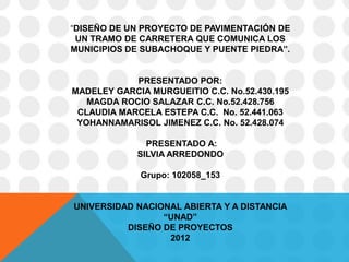 “DISEÑO DE UN PROYECTO DE PAVIMENTACIÓN DE
 UN TRAMO DE CARRETERA QUE COMUNICA LOS
MUNICIPIOS DE SUBACHOQUE Y PUENTE PIEDRA”.


            PRESENTADO POR:
MADELEY GARCIA MURGUEITIO C.C. No.52.430.195
   MAGDA ROCIO SALAZAR C.C. No.52.428.756
 CLAUDIA MARCELA ESTEPA C.C. No. 52.441.063
 YOHANNAMARISOL JIMENEZ C.C. No. 52.428.074

               PRESENTADO A:
             SILVIA ARREDONDO

             Grupo: 102058_153


UNIVERSIDAD NACIONAL ABIERTA Y A DISTANCIA
                 “UNAD”
          DISEÑO DE PROYECTOS
                  2012
 