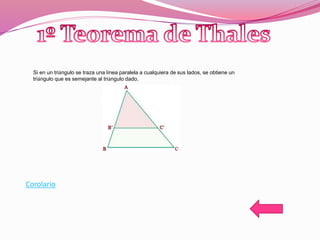 Si en un triángulo se traza una línea paralela a cualquiera de sus lados, se obtiene un
triángulo que es semejante al triángulo dado.
Corolario
 