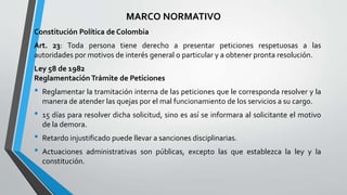 MARCO NORMATIVO
Constitución Política de Colombia
Art. 23: Toda persona tiene derecho a presentar peticiones respetuosas a las
autoridades por motivos de interés general o particular y a obtener pronta resolución.
Ley 58 de 1982
Reglamentación Trámite de Peticiones
• Reglamentar la tramitación interna de las peticiones que le corresponda resolver y la
manera de atender las quejas por el mal funcionamiento de los servicios a su cargo.
• 15 días para resolver dicha solicitud, sino es así se informara al solicitante el motivo
de la demora.
• Retardo injustificado puede llevar a sanciones disciplinarias.
• Actuaciones administrativas son públicas, excepto las que establezca la ley y la
constitución.
 