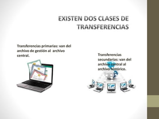 Transferencias primarias: van del
archivo de gestión al archivo
central. Transferencias
secundarias: van del
archivo central al
archivo histórico.
 