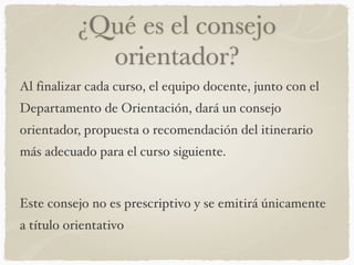 ¿Qué es el consejo
orientador?
Al finalizar cada curso, el equipo docente, junto con el
Departamento de Orientación, dará un consejo
orientador, propuesta o recomendación del itinerario
más adecuado para el curso siguiente.
Este consejo no es prescriptivo y se emitirá únicamente
a título orientativo
 