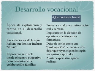 Desarrollo vocacional
¿Que podemos hacer?
Época de exploración y
tanteo en el desarrollo
vocacional.
Las elecciones de las que
hablan pueden ser incluso
“ilusas”.
El proceso se tutela
desde el centro educativo
pero necesita de la
colaboración familiar.
Poner a su alcance información
real y cercana.
Implicarse en la elección de
optativas y de itinerarios
formativos.
Dejar de verlos como una
“prolongación” de nuestra vida:
dejar que vayan eligiendo según
sus gustos y aptitudes.
Ajustar expectativas poco
realistas
 