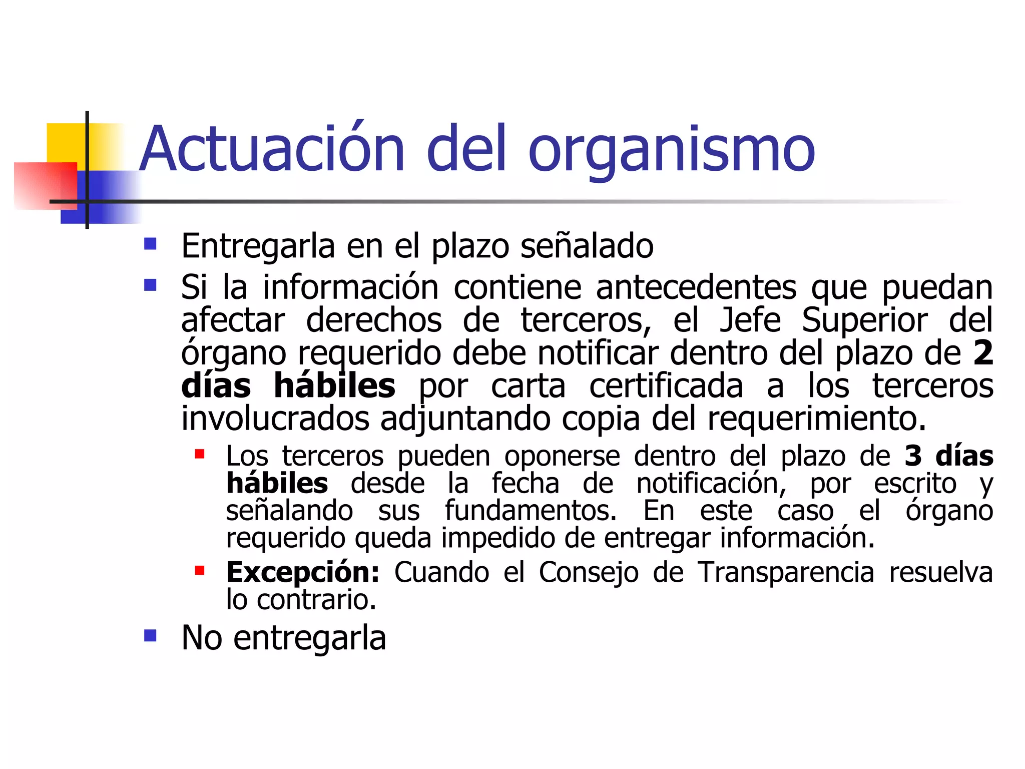 Actuación del organismo Entregarla en el plazo señalado  Si la información contiene antecedentes que puedan afectar derechos de terceros, el Jefe Superior del órgano requerido debe notificar dentro del plazo de  2 días hábiles  por carta certificada a los terceros involucrados adjuntando copia del requerimiento. Los terceros pueden oponerse dentro del plazo de  3 días hábiles  desde la fecha de notificación, por escrito y señalando sus fundamentos. En este caso el órgano requerido queda impedido de entregar información. Excepción:  Cuando el Consejo de Transparencia resuelva lo contrario. No entregarla 