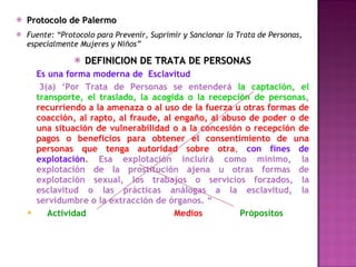 Protocolo de Palermo Fuente: “Protocolo para Prevenir, Suprimir y Sancionar la Trata de Personas, especialmente Mujeres y Niños” DEFINICION DE TRATA DE PERSONAS Es una forma moderna de  Esclavitud   3(a) ‘Por Trata de Personas se entenderá  la captación, el transporte, el traslado, la acogida o la recepción de personas ,  recurriendo a la amenaza o al uso de la fuerza u otras formas de coacción, al rapto, al fraude, al engaño, al abuso de poder o de una situación de vulnerabilidad o a la concesión o recepción de pagos o beneficios para obtener el consentimiento de una personas que tenga autoridad sobre otra ,  con fines de explotación .   Esa  explotación incluirá como mínimo, la explotación de la prostitución ajena u otras formas de explotación  sexual , los trabajos o servicios forzados, la esclavitud o las prácticas análogas a la esclavitud, la servidumbre o la  extracción  de órganos. “  Actividad   Medios  Própositos 