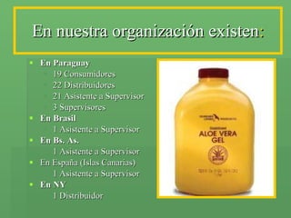 En nuestra organización existen : En Paraguay 19 Consumidores 22 Distribuidores 21 Asistente a Supervisor 3 Supervisores En Brasil 1 Asistente a Supervisor En Bs. As. 1 Asistente a Supervisor En España (Islas Canarias) 1 Asistente a Supervisor En NY 1 Distribuidor 