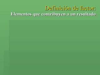 Definición de factor: Elementos que contribuyen a un resultado 