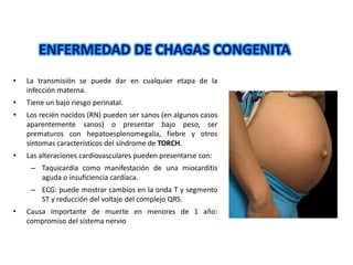 • La transmisión se puede dar en cualquier etapa de la
infección materna.
• Tiene un bajo riesgo perinatal.
• Los recién nacidos (RN) pueden ser sanos (en algunos casos
aparentemente sanos) o presentar bajo peso, ser
prematuros con hepatoesplenomegalia, fiebre y otros
síntomas característicos del síndrome de TORCH.
• Las alteraciones cardiovasculares pueden presentarse con:
– Taquicardia como manifestación de una miocarditis
aguda o insuficiencia cardíaca.
– ECG: puede mostrar cambios en la onda T y segmento
ST y reducción del voltaje del complejo QRS.
• Causa importante de muerte en menores de 1 año:
compromiso del sistema nervio
ENFERMEDAD DE CHAGAS CONGENITA
 