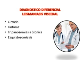 • Cirrosis
• Linfoma
• Tripanosomiasis cronica
• Esquistosomiasis
DIAGNOSTICO DIFERENCIAL
LEISMANIASIS VISCERAL
 
