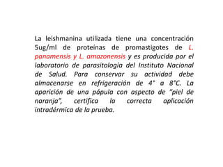 La leishmanina utilizada tiene una concentración
5ug/ml de proteínas de promastigotes de L.
panamensis y L. amazonensis y es producida por el
laboratorio de parasitología del Instituto Nacional
de Salud. Para conservar su actividad debe
almacenarse en refrigeración de 4° a 8°C. La
aparición de una pápula con aspecto de “piel de
naranja”, certifica la correcta aplicación
intradérmica de la prueba.
 