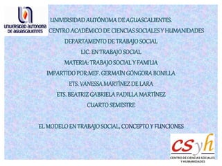 UNIVERSIDADAUTÓNOMADE AGUASCALIENTES.
CENTROACADÉMICODE CIENCIASSOCIALESY HUMANIDADES
DEPARTAMENTODE TRABAJOSOCIAL
LIC. EN TRABAJOSOCIAL
MATERIA: TRABAJOSOCIAL Y FAMILIA
IMPARTIDOPOR:MEF. GERMAÍNGÓNGORABONILLA
ETS. VANESSAMARTÍNEZDE LARA
ETS. BEATRIZGABRIELAPADILLAMARTÍNEZ
CUARTOSEMESTRE
EL MODELOEN TRABAJOSOCIAL, CONCEPTOY FUNCIONES
 