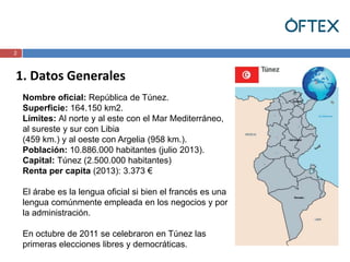 2 
1. Datos Generales 
Nombre oficial: República de Túnez. 
Superficie: 164.150 km2. 
Límites: Al norte y al este con el Mar Mediterráneo, 
al sureste y sur con Libia 
(459 km.) y al oeste con Argelia (958 km.). 
Población: 10.886.000 habitantes (julio 2013). 
Capital: Túnez (2.500.000 habitantes) 
Renta per capita (2013): 3.373 € 
El árabe es la lengua oficial si bien el francés es una 
lengua comúnmente empleada en los negocios y por 
la administración. 
En octubre de 2011 se celebraron en Túnez las 
primeras elecciones libres y democráticas. 
 