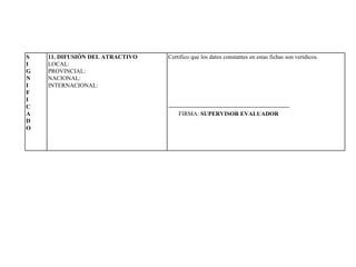 S I G N I F I C A D O 11. DIFUSIÓN DEL ATRACTIVO LOCAL: PROVINCIAL: NACIONAL: INTERNACIONAL: Certifico que los datos constantes en estas fichas son verídicos. -------------------------------------------------------------- FIRMA:  SUPERVISOR EVALUADOR 