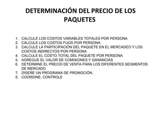 DETERMINACIÓN DEL PRECIO DE LOS PAQUETES  CALCULE LOS COSTOS VARIABLES TOTALES POR PERSONA CALCULE LOS COSTOS FIJOS POR PERSONA CALCULE LA PARTICIPACIÓN DEL PAQUETE EN EL MERCADEO Y LOS COSTOS INDIRECTOS POR PERSONA CALCULE EL COSTO TOTAL DEL PAQUETE POR PERSONA AGREGUE EL VALOR DE COMISIONES Y GANANCIAS DETERMINE EL PRECIO DE VENTA PARA LOS DIFERENTES SEGMENTOS DE MERCADO DISEÑE UN PROGRAMA DE PROMOCIÓN. COORDINE, CONTROLE 