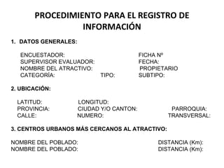 PROCEDIMIENTO PARA EL REGISTRO DE INFORMACIÓN DATOS GENERALES:  ENCUESTADOR:  FICHA Nº  SUPERVISOR EVALUADOR:  FECHA:  NOMBRE DEL ATRACTIVO:  PROPIETARIO CATEGORÍA:  TIPO:  SUBTIPO:  2.  UBICACIÓN: LATITUD:  LONGITUD: PROVINCIA:  CIUDAD Y/O CANTON:   PARROQUIA:  CALLE:  NUMERO:  TRANSVERSAL: 3.   CENTROS URBANOS MÁS CERCANOS AL ATRACTIVO: NOMBRE DEL POBLADO:  DISTANCIA (Km): NOMBRE DEL POBLADO:  DISTANCIA (Km): 