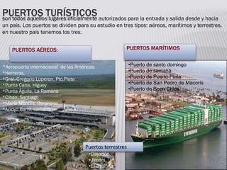 PUERTOS TURÍSTICOS
PUERTOS AÉREOS: PUERTOS MARÍTIMOS
son todos aquellos lugares oficialmente autorizados para la entrada y salida desde y hacia
un país. Los puertos se dividen para su estudio en tres tipos: aéreos, marítimos y terrestres.
en nuestro país tenemos los tres.
•Puerto de santo domingo
•Puerto de samaná
•Puerto de Puerto Plata
•Puerto de San Pedro de Macorís
•Puerto de Boca Chica
*Aeropuerto internacional de las Américas.
*Herreras.
*Gral. Gregorio Luperon, Pto.Plata
*Punta Cana, Higuey
*Punta Águila, La Romana
*Cibao, Santiago
*María Montés, Barahona
*Arroyo Barril, samaná
•Dajabón
•Jimani
•Elías Piña
Puertos terrestres
 