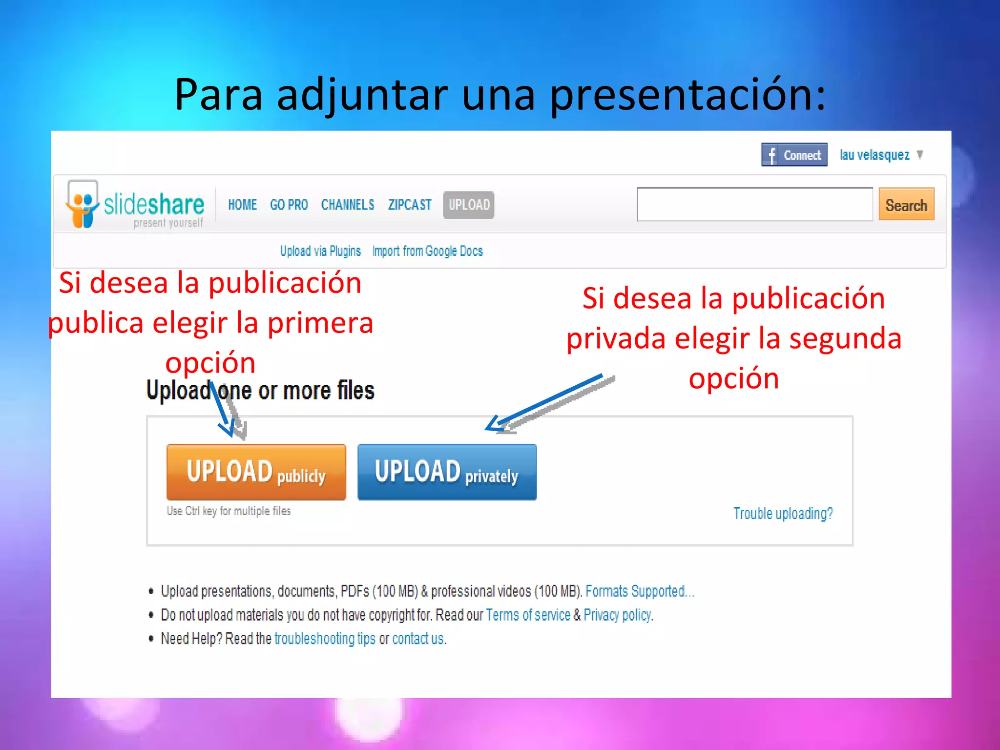 Para adjuntar una presentación: Si desea la publicación publica elegir la primera opción Si desea la publicación privada elegir la segunda opción 