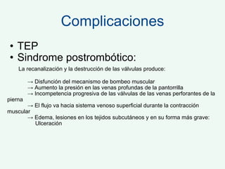 Complicaciones TEP Sindrome postrombótico: La recanalización y la destrucción de las válvulas produce: ->  Disfunción del mecanismo de bombeo muscular ->  Aumento la presión en las venas profundas de la pantorrilla  ->  Incompetencia progresiva de las válvulas de las venas perforantes de la pierna  ->  El flujo va hacia sistema venoso superficial durante la contracción muscular  ->  Edema, lesiones en los tejidos subcutáneos y en su forma más grave:    Ulceración  
