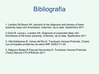 Bibliografía 1. Landow SA,Bauer KA. Aproach to the diagnosis and therapy of lower extremity deep vein thrombosis. (Internet). Up to date. Septiembre 2011 2.Grant B, Leung L, Landaw SA. Diagnosis of suspected deep vein thrombosis of the lower extremity. (Internet). Up to date. Septiembre 2011 3. Villa Estébanez,R, Veiras del Rio,O. Trombosis Venosa Profunda. (Texto) Los principales problemas de salud AMF 2009;5:11-20 4. Salguero Bodes,R Pascual Hernandez,D. Trombosis Venosa Profunda. (Texto) Manual CTO 8ªEdición 2011 
