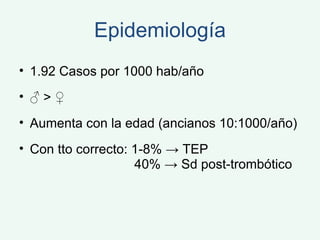 Epidemiología 1.92 Casos por 1000 hab/año ♂  > ♀ Aumenta con la edad (ancianos 10:1000/año) Con tto correcto: 1-8% -> TEP   40% -> Sd post-trombótico 