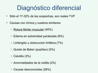 Diagnóstico diferencial Sólo el 17-32% de las sospechas, son reales TVP Causas con clínica y cuadros similares: Rotura fibrilar muscular  (40%) Edema en extremidad paralizada (9%) Linfangitis u obstrucción linfática (7%) Quiste de Baker (poplíteo) (5%) Celulitis (3%) Anormalidades de la rodilla (2%) Causas desconocidas (26%) 