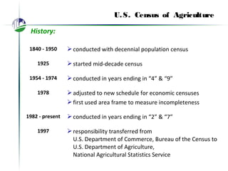 U.S. Census of Agriculture
History:
1840 - 1950 conducted with decennial population census
1925 started mid-decade census
1954 - 1974 conducted in years ending in “4” & “9”
1978 adjusted to new schedule for economic censuses
first used area frame to measure incompleteness
1982 - present conducted in years ending in “2” & “7”
1997 responsibility transferred from
U.S. Department of Commerce, Bureau of the Census to
U.S. Department of Agriculture,
National Agricultural Statistics Service
 