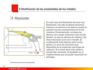 6 Modificación de las propiedades de los metales
Recocido
En este caso el enfriamiento se hace muy
lentamente. Con ello se liberan tensiones
internas y se permite a los átomos ocupar la
posición que les correspondería en la red
cristalina. Evidentemente, no todos los
átomos van a poder colocarse hacia donde
tienden, ya que los átomos de carbono y de
otras impurezas se lo van a impedir. El
constituyente final obtenido será mucha
perlita y un poco de cementita (que
dependerá de la proporción que tenga de
carbono). Si el acero tiene más carbono,
tendrá más cementita. El resultado es un
material blando que se puede mecanizar sin
dificultad.
Tratamientos térmicos más importantes.
15