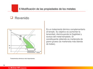 6 Modificación de las propiedades de los metales
Revenido
Es un tratamiento térmico complementario
al temple. Su objetivo es aumentar la
tenacidad, disminuyendo la fragilidad y
dureza del metal templado. El
constituyente obtenido es martensita de
grano grueso (la martensita más blanda
de todas).
Tratamientos térmicos más importantes.
16