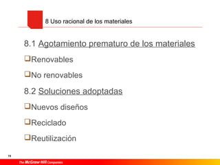 8 Uso racional de los materiales
8.1 Agotamiento prematuro de los materiales
Renovables
No renovables
8.2 Soluciones adoptadas
Nuevos diseños
Reciclado
Reutilización
19