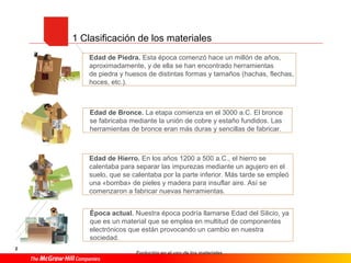 1 Clasificación de los materiales
Edad de Piedra. Esta época comenzó hace un millón de años,
aproximadamente, y de ella se han encontrado herramientas
de piedra y huesos de distintas formas y tamaños (hachas, flechas,
hoces, etc.).
Edad de Bronce. La etapa comienza en el 3000 a.C. El bronce
se fabricaba mediante la unión de cobre y estaño fundidos. Las
herramientas de bronce eran más duras y sencillas de fabricar.
Edad de Hierro. En los años 1200 a 500 a.C., el hierro se
calentaba para separar las impurezas mediante un agujero en el
suelo, que se calentaba por la parte inferior. Más tarde se empleó
una «bomba» de pieles y madera para insuflar aire. Así se
comenzaron a fabricar nuevas herramientas.
Época actual. Nuestra época podría llamarse Edad del Silicio, ya
que es un material que se emplea en multitud de componentes
electrónicos que están provocando un cambio en nuestra
sociedad.
2
Evolución en el uso de los materiales.