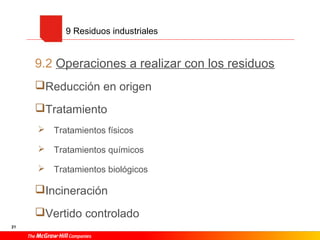 9 Residuos industriales
9.2 Operaciones a realizar con los residuos
Reducción en origen
Tratamiento
Tratamientos físicos
Tratamientos químicos
Tratamientos biológicos
Incineración
Vertido controlado
21