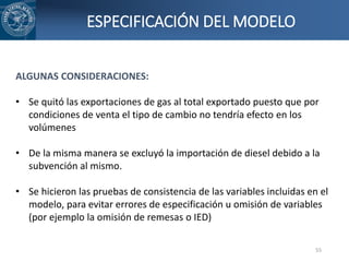 55
ESPECIFICACIÓN DEL MODELO
ALGUNAS CONSIDERACIONES:
• Se quitó las exportaciones de gas al total exportado puesto que po...