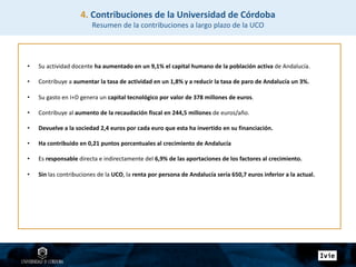 • Su actividad docente ha aumentado en un 9,1% el capital humano de la población activa de Andalucía.
• Contribuye a aumentar la tasa de actividad en un 1,8% y a reducir la tasa de paro de Andalucía un 3%.
• Su gasto en I+D genera un capital tecnológico por valor de 378 millones de euros.
• Contribuye al aumento de la recaudación fiscal en 244,5 millones de euros/año.
• Devuelve a la sociedad 2,4 euros por cada euro que esta ha invertido en su financiación.
• Ha contribuido en 0,21 puntos porcentuales al crecimiento de Andalucía
• Es responsable directa e indirectamente del 6,9% de las aportaciones de los factores al crecimiento.
• Sin las contribuciones de la UCO, la renta por persona de Andalucía sería 650,7 euros inferior a la actual.
4. Contribuciones de la Universidad de Córdoba
Resumen de la contribuciones a largo plazo de la UCO
 