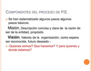 COMPONENTES DEL PROCESO DE P.E.


Se han sistematizado algunos pasos algunos
pasos básicos:

Misión, Descripción concisa y clara de

la razón de

ser de la entidad, propósito

Visión, Valores de la

organización, como espera
ser reconocida, futuro deseado  -Quienes somos? Que hacemos? Y para quienes y
donde estamos?

 