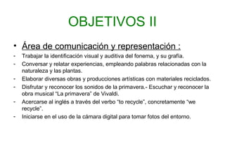 OBJETIVOS II
• Área de comunicación y representación :
- Trabajar la identificación visual y auditiva del fonema, y su grafía.
- Conversar y relatar experiencias, empleando palabras relacionadas con la
naturaleza y las plantas.
- Elaborar diversas obras y producciones artísticas con materiales reciclados.
- Disfrutar y reconocer los sonidos de la primavera.- Escuchar y reconocer la
obra musical “La primavera” de Vivaldi.
- Acercarse al inglés a través del verbo “to recycle”, concretamente “we
recycle”.
- Iniciarse en el uso de la cámara digital para tomar fotos del entorno.
 
