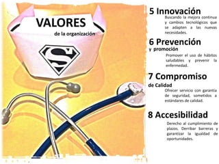 5 Innovación
6 Prevención
y promoción
Promover el uso de hábitos
saludables y prevenir la
enfermedad.
7 Compromiso
de Calidad
Ofrecer servicio con garantía
de seguridad, sometidos a
estándares de calidad.
8 Accesibilidad
Buscando la mejora continua
y cambios tecnológicos que
se adapten a las nuevas
necesidades.
Derecho al cumplimiento de
plazos. Derribar barreras y
garantizar la igualdad de
oportunidades.
VALORES
de la organización
 