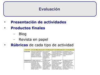 Presentación de actividades  Productos finales Blog Revista en papel Rúbricas  de cada tipo de actividad Evaluación  