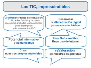 Las TIC en nuestra área Desarrollar  criterios de evaluación: "  Utilizar las fuentes y recursos  adecuados, incluidas las tecnologías  de la información y de la comunicación ” Desarrollar la  alfabetización digital  y  competencias básicas Usar Software libre Buen uso de Internet Potencial  informativo y  comunicativo reValoración   de nuestras asignaturas Crear  nuestros  propios materiales Las TIC, imprescindibles 
