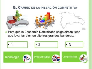 EL CAMINO DE LA INSERCIÓN COMPETITIVA
 Para que la Economía Dominicana salga airosa tiene
que levantar bien en alto tres grandes banderas:
• 1
Tecnología
• 2
Productividad
• 3
Competitividad
 