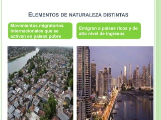 ELEMENTOS DE NATURALEZA DISTINTAS
Movimientos migratorios
internacionales que se
activan en países pobre
Emigran a países ricos y de
alto nivel de ingresos
 