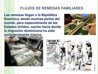 FLUJOS DE REMESAS FAMILIARES
Las remesas llegan a la República
Dominica, desde muchas partes del
mundo, pero especialmente de los
Estados Unidos, nación hacia donde
la migración dominicana ha sido
verdaderamente masiva.
 