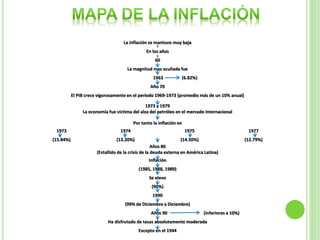 La inflación se mantuvo muy baja
En los años
60
La magnitud mas acuñada fue
1963 (6.82%)
Año 70
El PIB crece vigorosamente en el periodo 1969-1973 (promedio más de un 10% anual)
1973 y 1979
La economía fue víctima del alza del petróleo en el mercado internacional
Por tanto la inflación en
1973 1974 1975 1977
(15.84%) (13.20%) (14.50%) (12.79%)
Años 80
(Estallido de la crisis de la deuda externa en América Latina)
Inflación
(1985, 1988, 1989)
Se elevo
(90%)
1990
(99% de Diciembre a Diciembre)
Años 90 (inferiores a 10%)
Ha disfrutado de tasas absolutamente moderada
Excepto en el 1944
 