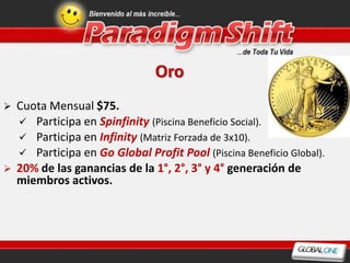 Oro
   Cuota Mensual $75.
     Participa en Spinfinity (Piscina Beneficio Social).
     Participa en Infinity (Matriz Forzada de 3x10).
     Participa en Go Global Profit Pool (Piscina Beneficio Global).
   20% de las ganancias de la 1°, 2°, 3° y 4° generación de
    miembros activos.
 