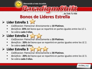 Bonos de Lideres Estrella
 Líder Estrella 1
      Calificacion: Patrocinar directamente a 10 Platinos.
      Beneficio: 20% del bono que se repartirá en partes iguales entre los LE 1.
      Se cobra cada 3 días.
 Líder Estrella 2
      Calificacion: Patrocinar directamente a 20 Platinos.
      Beneficio : 20% del bono que se repartirá en partes iguales entre los LE 2.
      Se cobra cada 3 días.
 Líder Estrella 3
      Calificacion: Patrocinar directamente a 30 Platinos.
      Beneficio : 20% del bono que se repartirá en partes iguales entre los LE 3.
      Se cobra cada 3 días.
 