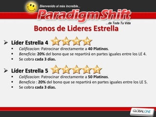 Bonos de Lideres Estrella
 Líder Estrella 4
      Calificacion: Patrocinar directamente a 40 Platinos.
      Beneficio: 20% del bono que se repartirá en partes iguales entre los LE 4.
      Se cobra cada 3 días.

 Líder Estrella 5
      Calificacion: Patrocinar directamente a 50 Platinos.
      Beneficio : 20% del bono que se repartirá en partes iguales entre los LE 5.
      Se cobra cada 3 días.
 